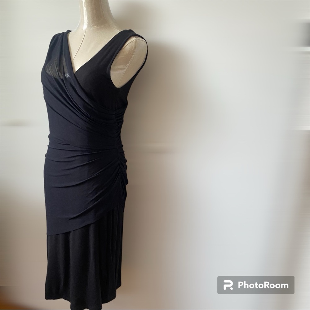 Vintage Vivienne Tam Sleeveless Sheath Dress. Black Stretch Knit Draped Overlay.